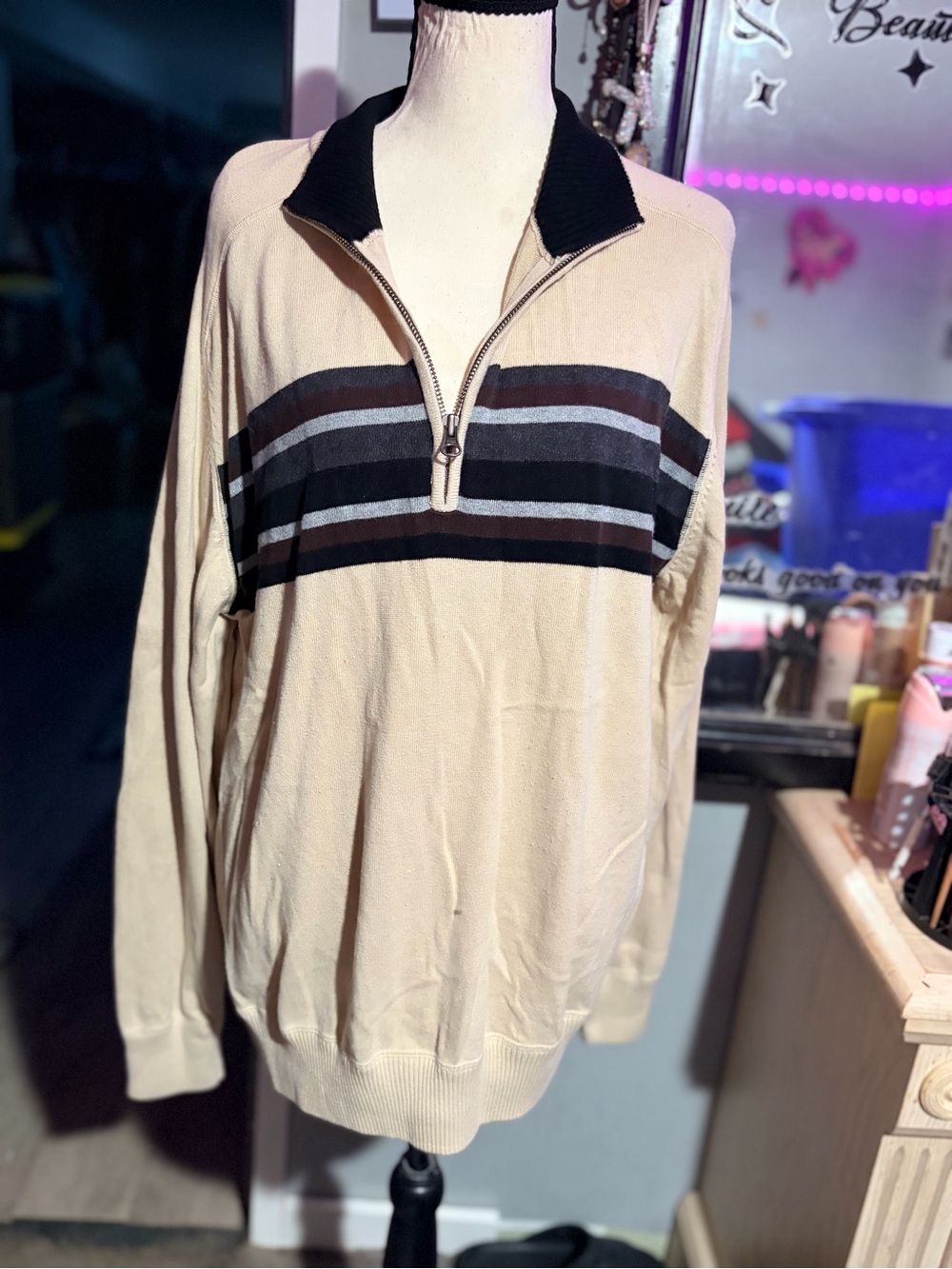 NWOT Vintage Dockers Cream Half-Zip Sweater with Black Collar and Stripe Detail